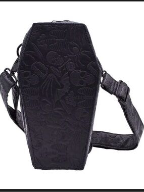 Kreepsville Black Coffin Crossbody Bag with Embossed Skull Design